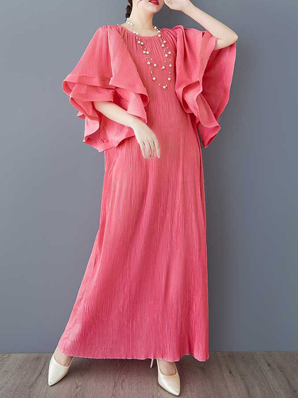 Flared Sleeves Loose Pleated Solid Color Round-Neck Maxi Dresses