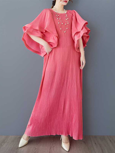 Flared Sleeves Loose Pleated Solid Color Round-Neck Maxi Dresses