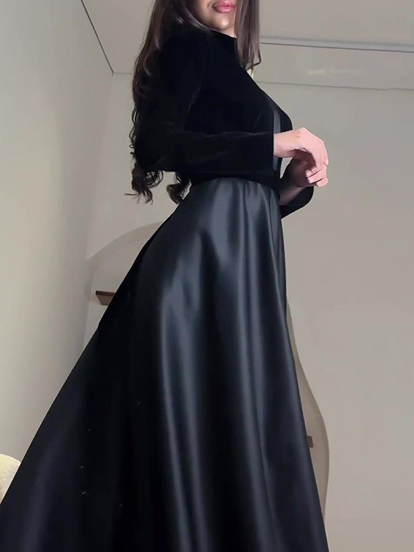 Pleated Split-Joint Zipper A-Line Long Sleeves Mock Neck Maxi Dresses