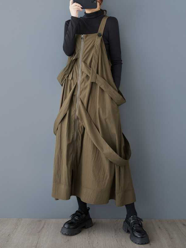 Loose Sleeveless Buttoned Pockets Solid Color Zipper Spaghetti-Neck Suspender Dress