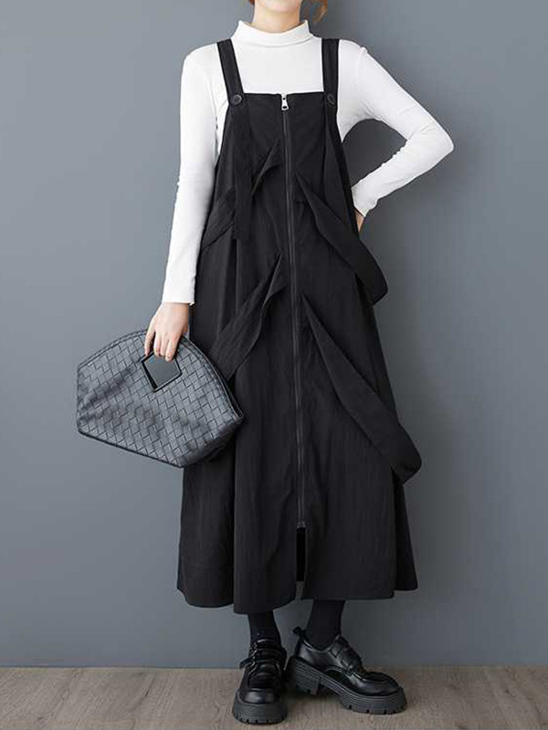 Loose Sleeveless Buttoned Pockets Solid Color Zipper Spaghetti-Neck Suspender Dress