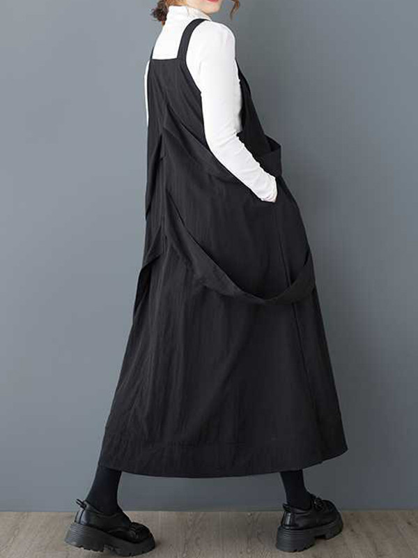 Loose Sleeveless Buttoned Pockets Solid Color Zipper Spaghetti-Neck Suspender Dress