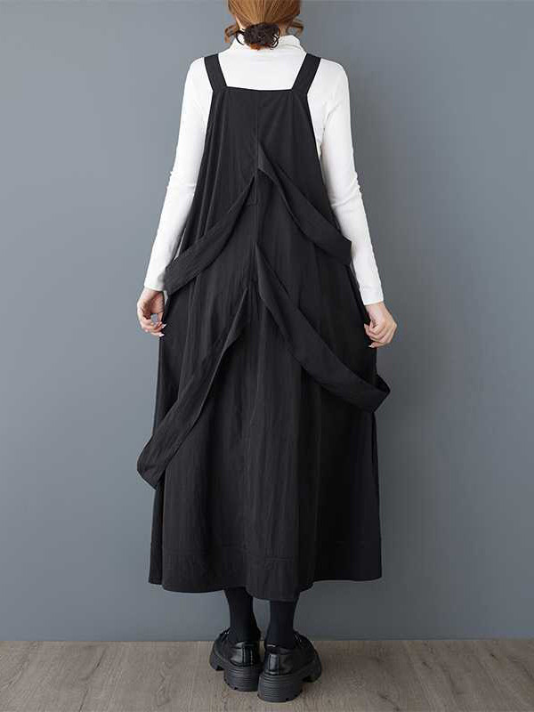 Loose Sleeveless Buttoned Pockets Solid Color Zipper Spaghetti-Neck Suspender Dress