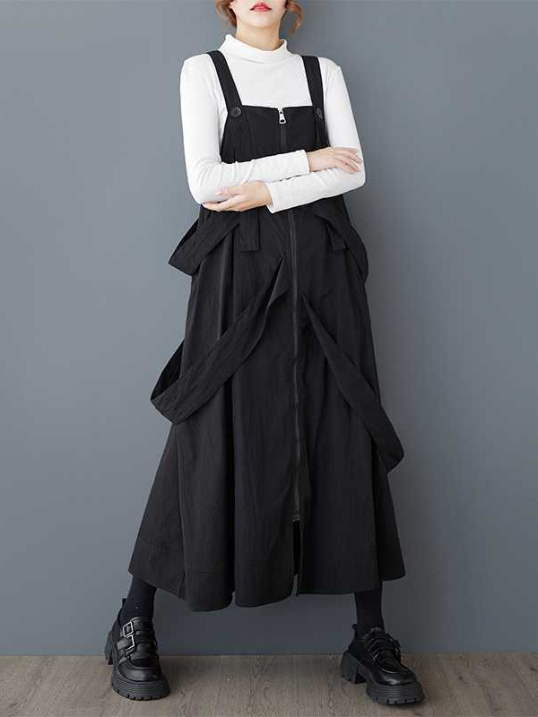 Loose Sleeveless Buttoned Pockets Solid Color Zipper Spaghetti-Neck Suspender Dress