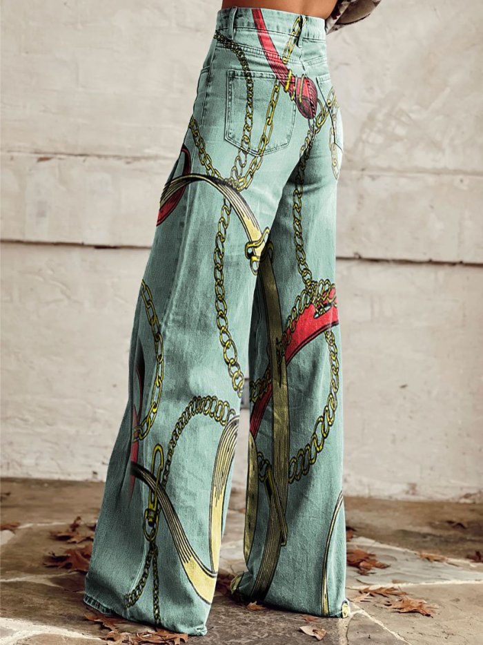 Women's Vintage Line Pattern Print Casual Wide Leg Pants