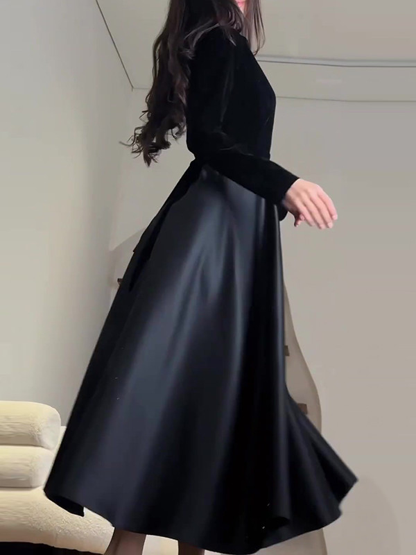 Pleated Split-Joint Zipper A-Line Long Sleeves Mock Neck Maxi Dresses