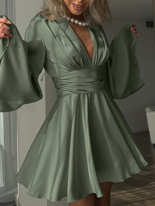 Backless Solid Color Tied Triple Layered Zipper A-Line Flared Sleeves Deep V-Neck Mini Dresses