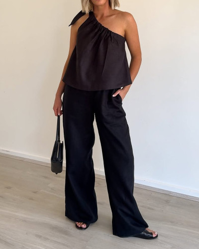 Casual Comfort Slant Shoulder Top & Pants Two-piece Set