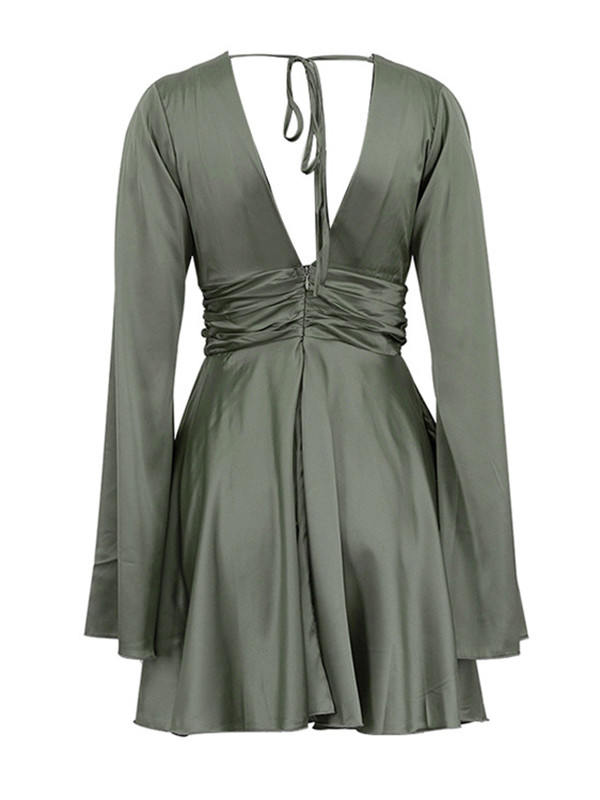 Backless Solid Color Tied Triple Layered Zipper A-Line Flared Sleeves Deep V-Neck Mini Dresses