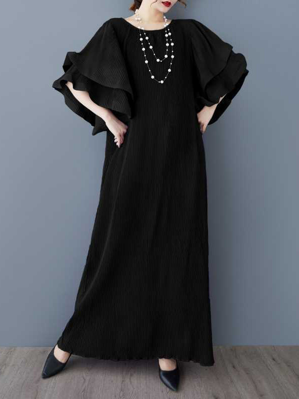 Flared Sleeves Loose Pleated Solid Color Round-Neck Maxi Dresses