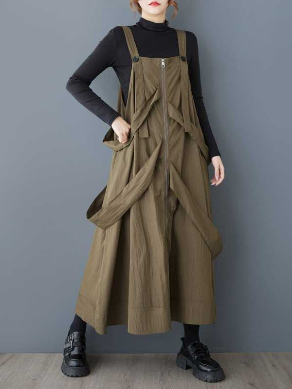 Loose Sleeveless Buttoned Pockets Solid Color Zipper Spaghetti-Neck Suspender Dress