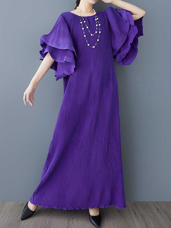 Flared Sleeves Loose Pleated Solid Color Round-Neck Maxi Dresses