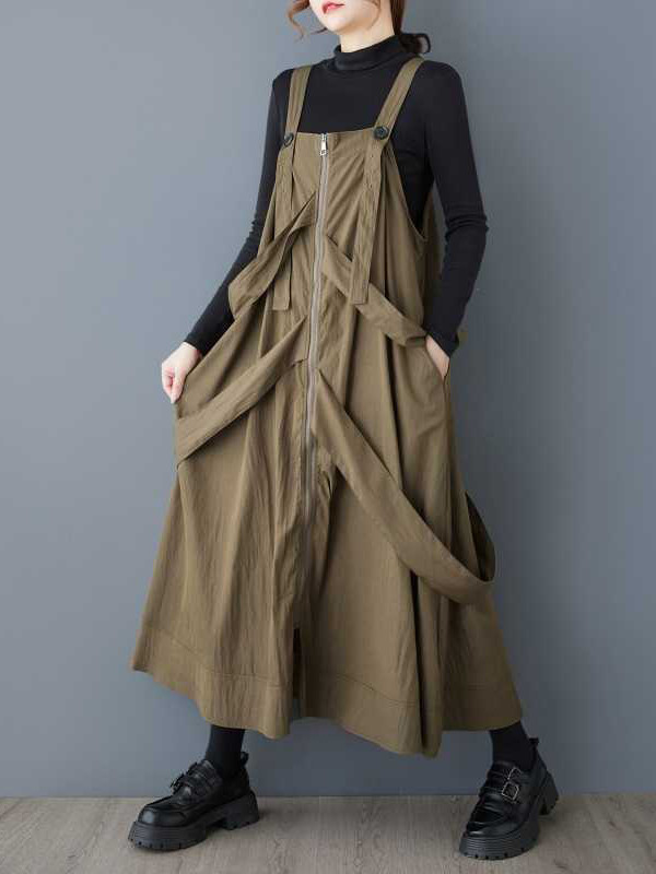 Loose Sleeveless Buttoned Pockets Solid Color Zipper Spaghetti-Neck Suspender Dress