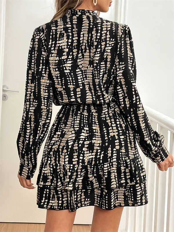 A-Line Long Sleeves Buttoned Contrast Color Printed Lapel Mini Dresses