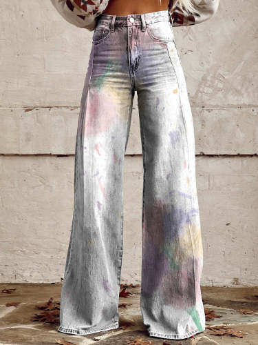 Women's Smudge Pattern Print Casual Wide Leg Pants