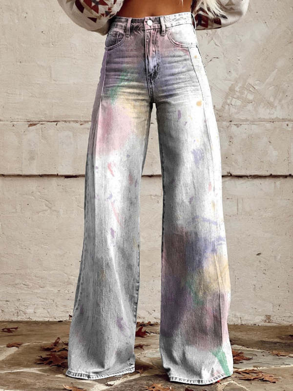 Women's Smudge Pattern Print Casual Wide Leg Pants