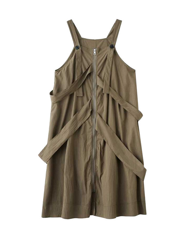 Loose Sleeveless Buttoned Pockets Solid Color Zipper Spaghetti-Neck Suspender Dress