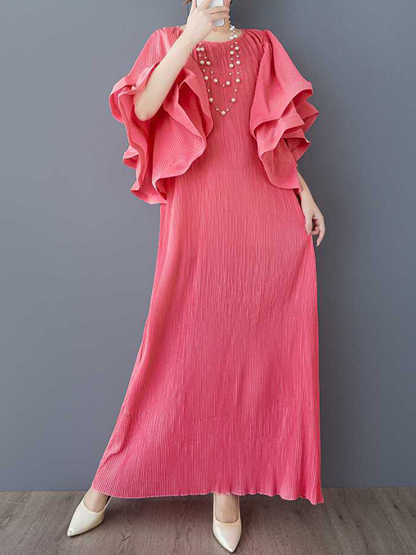 Flared Sleeves Loose Pleated Solid Color Round-Neck Maxi Dresses