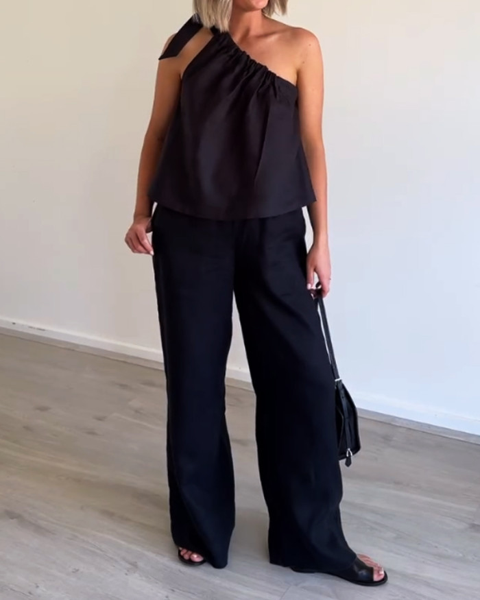 Casual Comfort Slant Shoulder Top & Pants Two-piece Set