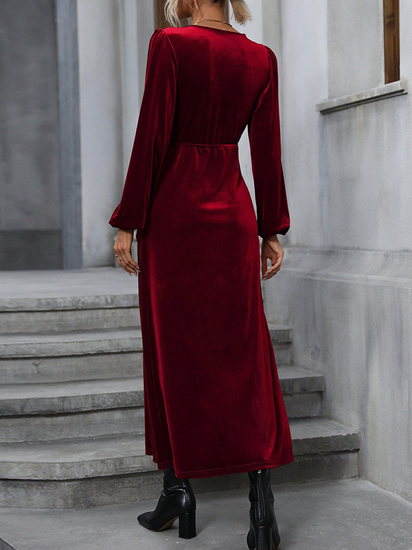 Elasticity Solid Color Split-Front Split-Joint Tied Waist Velvet A-Line High Waisted V-Neck Maxi Dresses