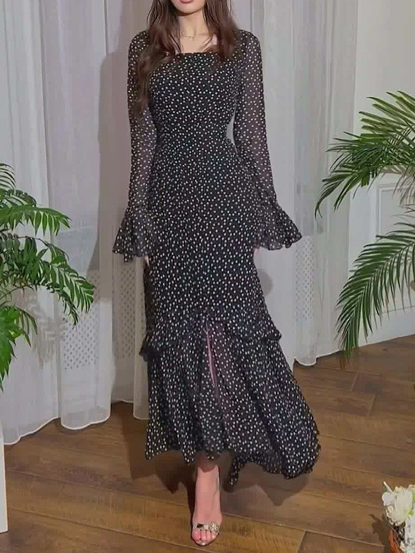 Stylish Polka Dot Lotus Sleeves Dress