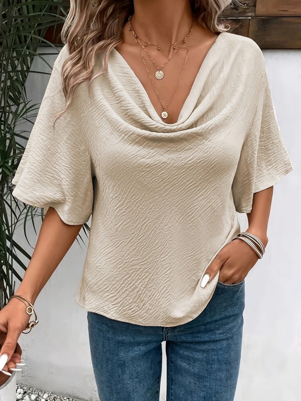 1pc Women'S Casual Polyester Blouse with Butterfly Sleeves and Drape Neck - Solid Color Woven Top for Spring\u002FSummer, 95% Polyester 5% Spandex