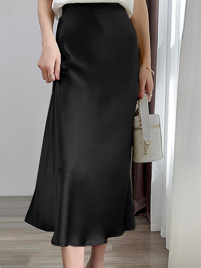 Women Elegant Faux Satin Back Elastic Waist Side Zipper Simple Evening Party All-match Baggy Thin Midi Skirt Commuter Office Daily Skirt