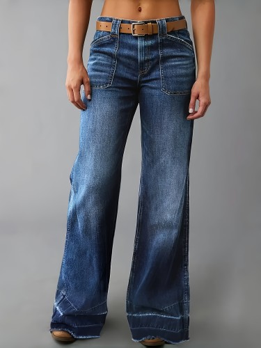Women'S Casual Wide Leg Jeans, Mid Waist Boot Cut with Diamond Pattern, All-Season Long Length Denim Pants, Button Fly with 350g\u002Fm² Fabric Weight, 73% Viscose 25% Polyester 2% Elastane