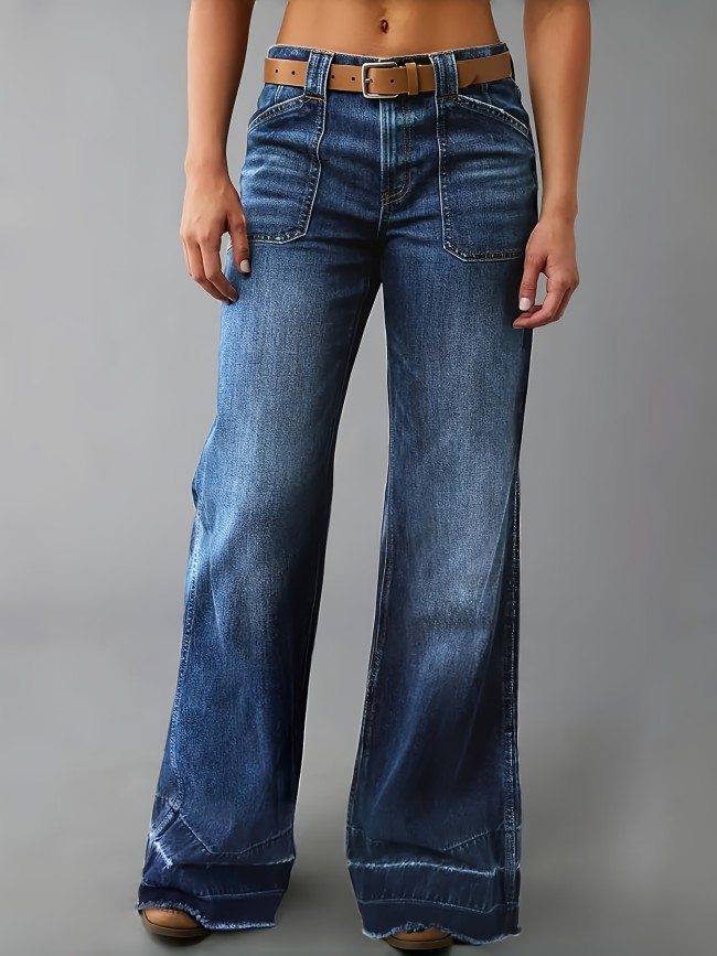 Women'S Casual Wide Leg Jeans, Mid Waist Boot Cut with Diamond Pattern, All-Season Long Length Denim Pants, Button Fly with 350g\u002Fm² Fabric Weight, 73% Viscose 25% Polyester 2% Elastane