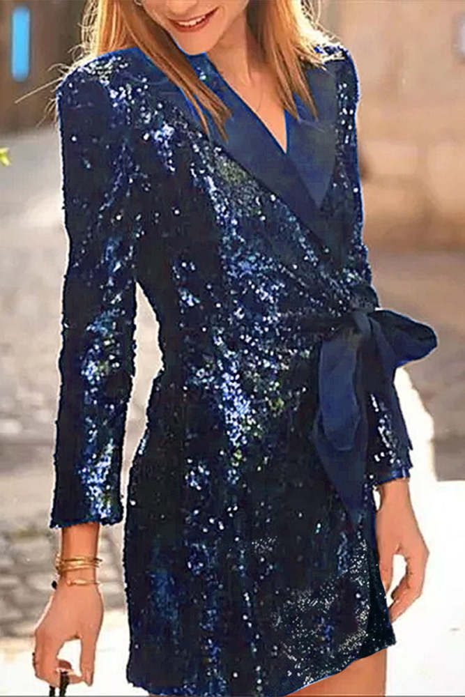 Sexy Sequins Lace Up Turn-back Collar Suit Dresses(4 Colors)