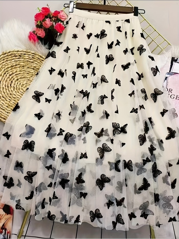 Floral Mesh Maxi Skirt for Women, High-Waisted And Slimming, Featuring Butterfly Patterns, Mid-Length Tulle Skirt, Versatile A-Line Lace Design.