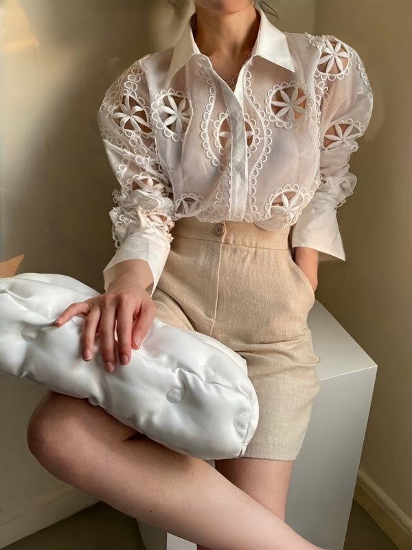 Elegant Sheer Embroidered Blouse with Hollow-Out Design - Sexy Long Sleeve, Polyester & Spandex Blend, Machine Washable for Spring\u002FSummer Fashion