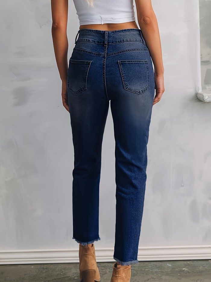Women's Stretch Skinny Jeans with Raw Hem - Casual High-Elasticity Denim in Blue, Slash Pockets, Button Closure, Machine Washable, Seasonal Fashion|Modern Casual Jeans|Stretch Denim, Plus Size Jeans
