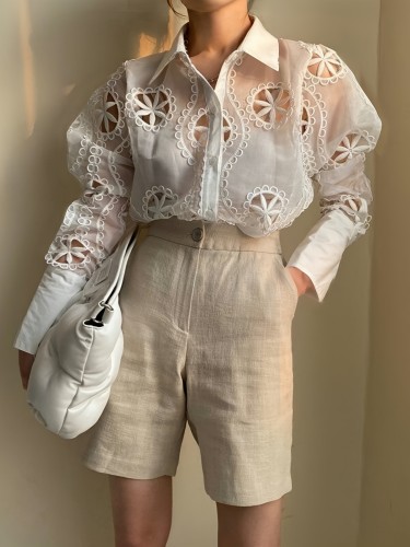 Elegant Sheer Embroidered Blouse with Hollow-Out Design - Sexy Long Sleeve, Polyester & Spandex Blend, Machine Washable for Spring\u002FSummer Fashion