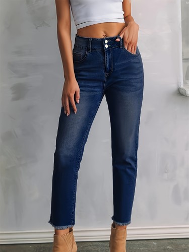 Women's Stretch Skinny Jeans with Raw Hem - Casual High-Elasticity Denim in Blue, Slash Pockets, Button Closure, Machine Washable, Seasonal Fashion|Modern Casual Jeans|Stretch Denim, Plus Size Jeans