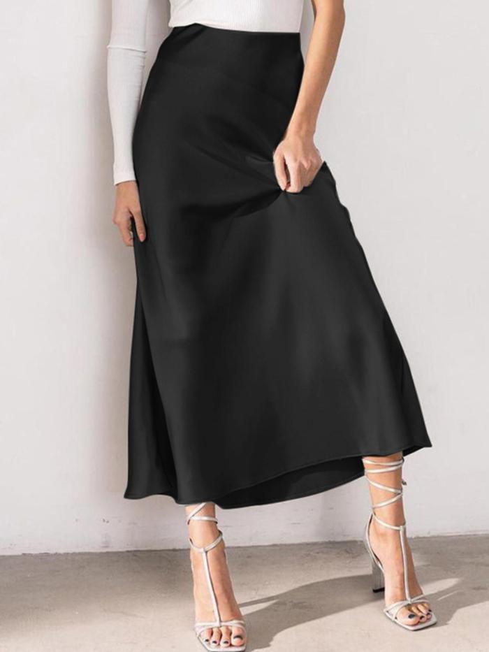 Women Elegant Faux Satin Back Elastic Waist Side Zipper Simple Evening Party All-match Baggy Thin Midi Skirt Commuter Office Daily Skirt