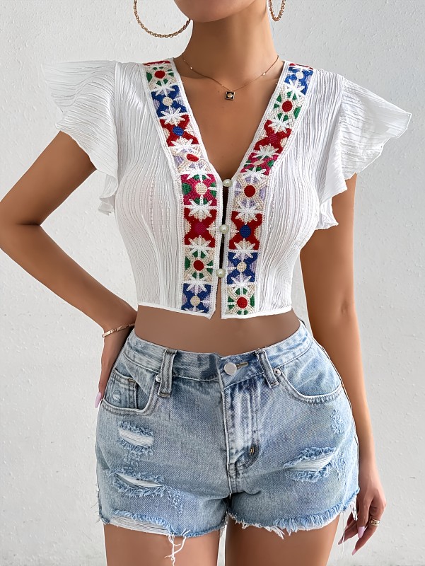 Women'S Fashion V-Neck Tie Front Top, Summer Short Sleeve Ruffle Polyester Shirt, Geometric Pattern, Woven Fabric, 159 g\u002Fm² - Perfect for Adult Casual Wear