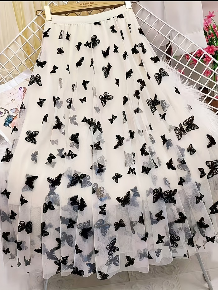 Floral Mesh Maxi Skirt for Women, High-Waisted And Slimming, Featuring Butterfly Patterns, Mid-Length Tulle Skirt, Versatile A-Line Lace Design.