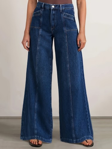Women's High-Waist Stretch Denim Wide-Leg Jeans - Retro Light Blue, Comfortable & Slimming Casual Straight-Leg Pants with Slash Pockets, Perfect for All Seasons, Plus Size Jeans