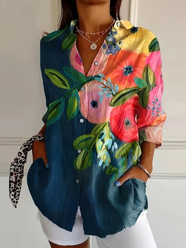 Women'S Casual Floral Print Polyester Blouse with Lapel Collar - Spring\u002FFall Woven Shirting Top for Adults