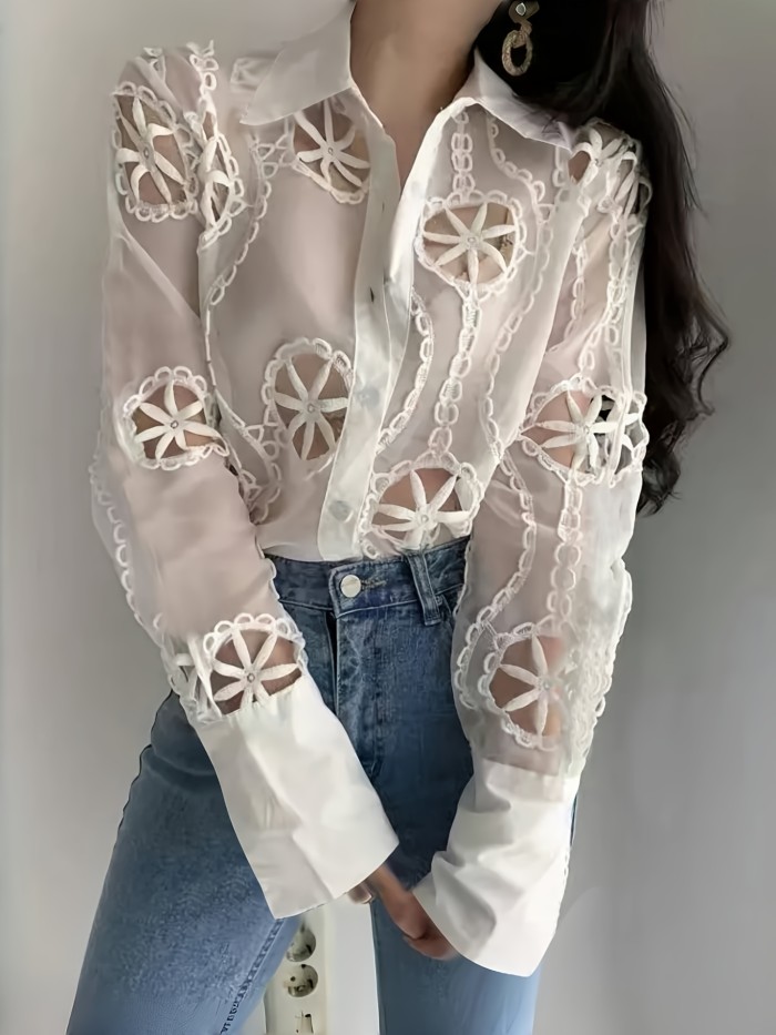 Elegant Sheer Embroidered Blouse with Hollow-Out Design - Sexy Long Sleeve, Polyester & Spandex Blend, Machine Washable for Spring\u002FSummer Fashion