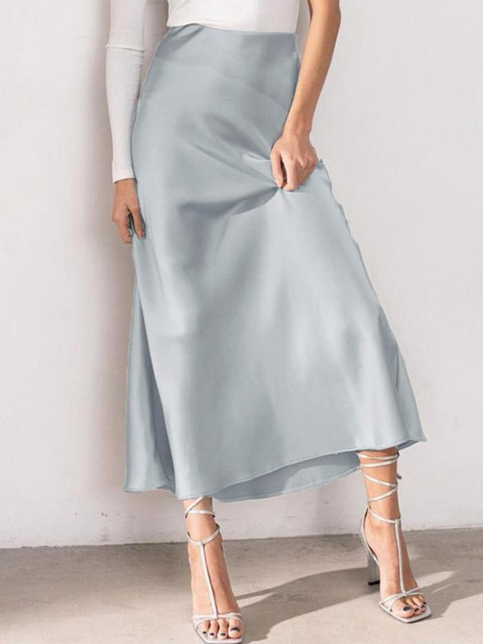 Women Elegant Faux Satin Back Elastic Waist Side Zipper Simple Evening Party All-match Baggy Thin Midi Skirt Commuter Office Daily Skirt