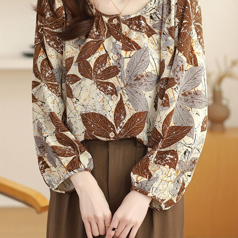 Women's Casual Crew Neck Long Sleeve Shirt, 100% Polyester All Over Print Lantern Sleeve Top, Loose Fit Spring\u002FFall Blouse with Button Detail and Single Breasted Placket, Plus Size Blouses