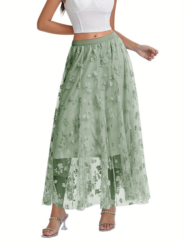 Women'S Midi Skirt French Elegant Elastic Waist Velvet Floral A-Line Mesh Skirt for Spring Fall