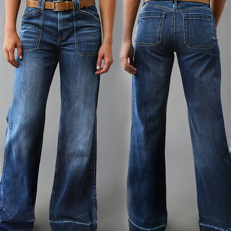 Women'S Casual Wide Leg Jeans, Mid Waist Boot Cut with Diamond Pattern, All-Season Long Length Denim Pants, Button Fly with 350g\u002Fm² Fabric Weight, 73% Viscose 25% Polyester 2% Elastane