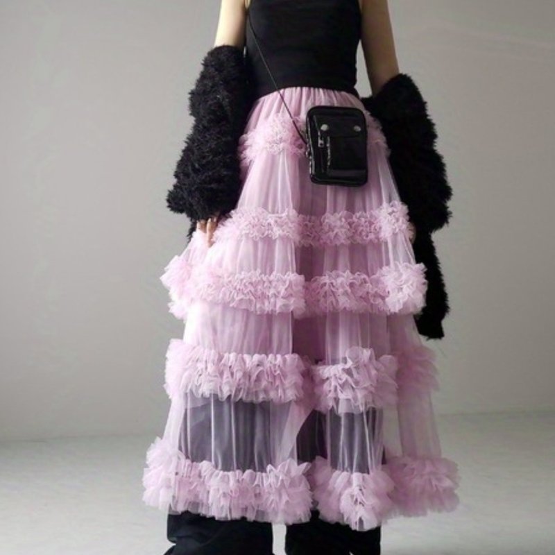 Women'S Tulle A-Line Long Skirt High Waist Sheer Mesh Tiered Ruffled Skirt for Summer, Spring