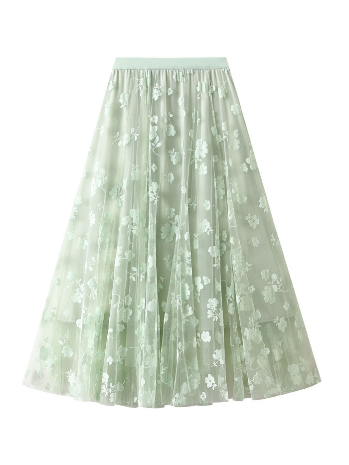 Women'S Midi Skirt French Elegant Elastic Waist Velvet Floral A-Line Mesh Skirt for Spring Fall