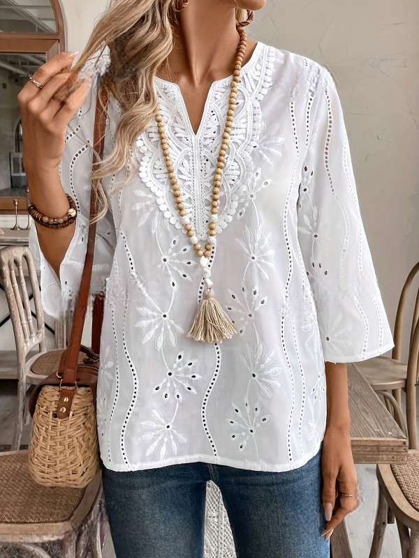 Chic Eyelet Notched Neck Blouse - Elegant 3\u002F4 Sleeve Solid Color Top with Classic Fit for Spring and Fall - Women's Stylish Clothing for Everyday Wear