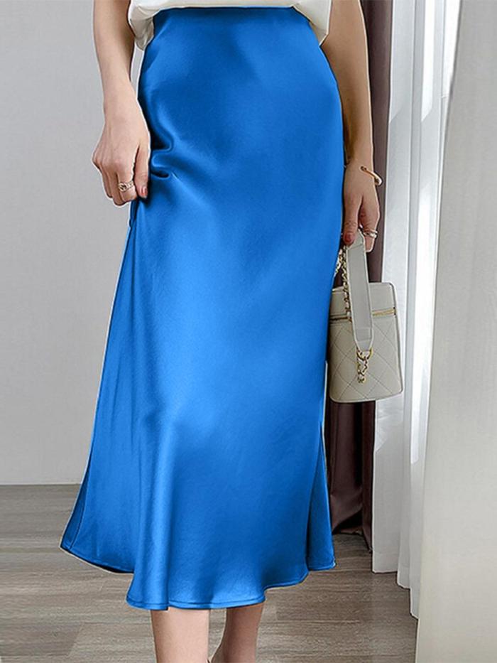Women Elegant Faux Satin Back Elastic Waist Side Zipper Simple Evening Party All-match Baggy Thin Midi Skirt Commuter Office Daily Skirt