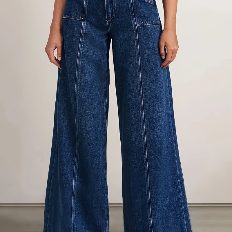 Women's High-Waist Stretch Denim Wide-Leg Jeans - Retro Light Blue, Comfortable & Slimming Casual Straight-Leg Pants with Slash Pockets, Perfect for All Seasons, Plus Size Jeans
